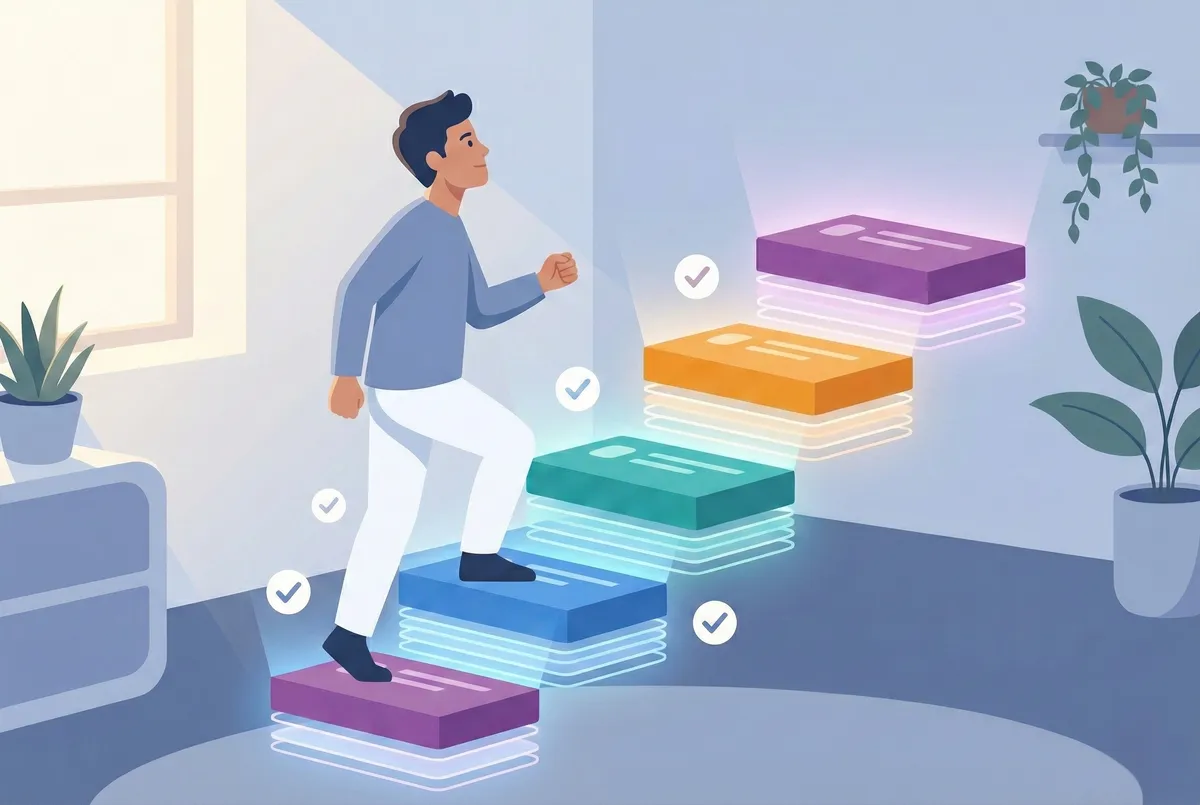 知識ブロックの階段を登る反復学習のイメージ